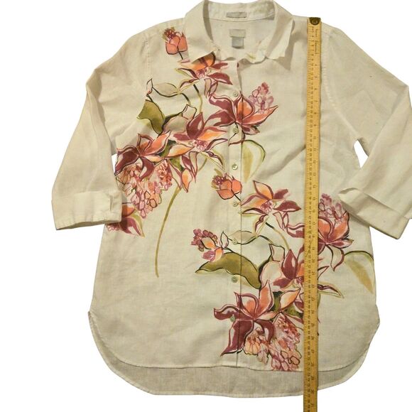 Chico's 100% Linen Tunic Size 1.5 US 10, White Beachy Floral Cottage Boho - Picture 6 of 7